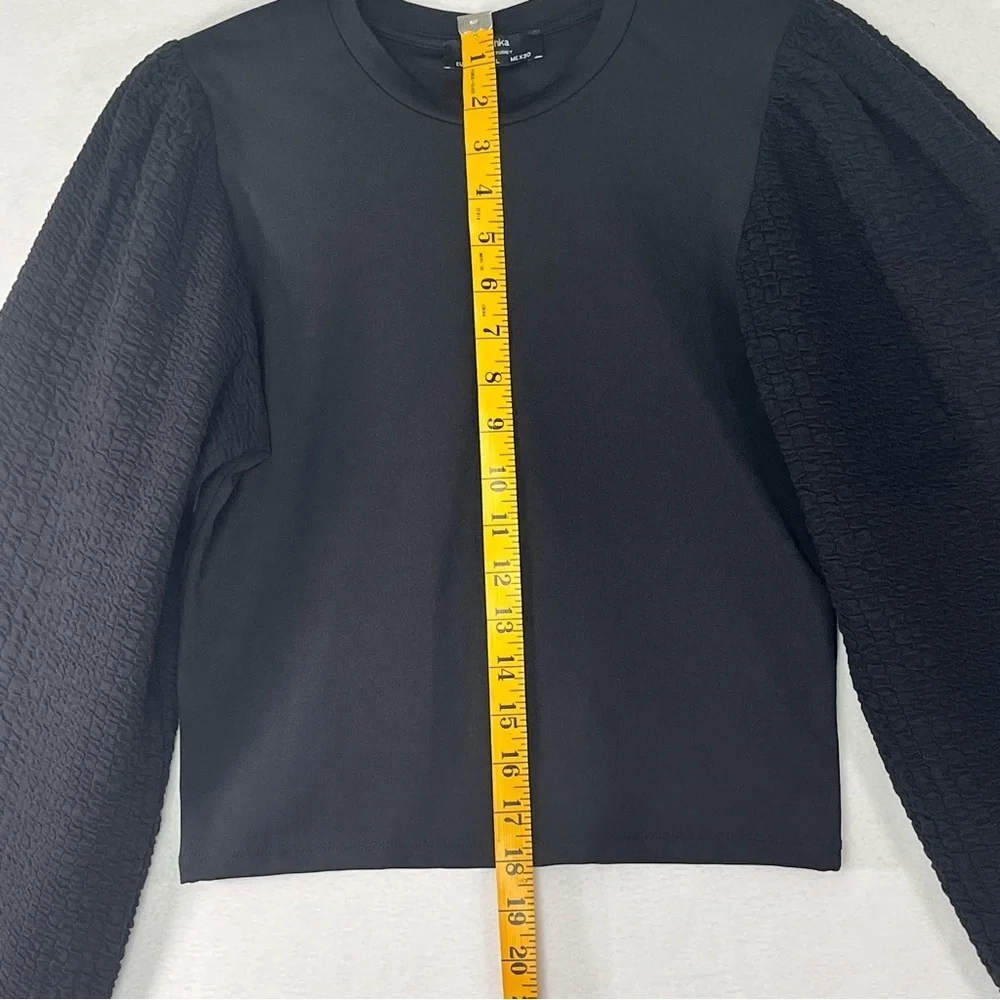 Bershka Blouse Long Puff Textured Sleeve Cropped Black Party Y2K Knit Top Size L